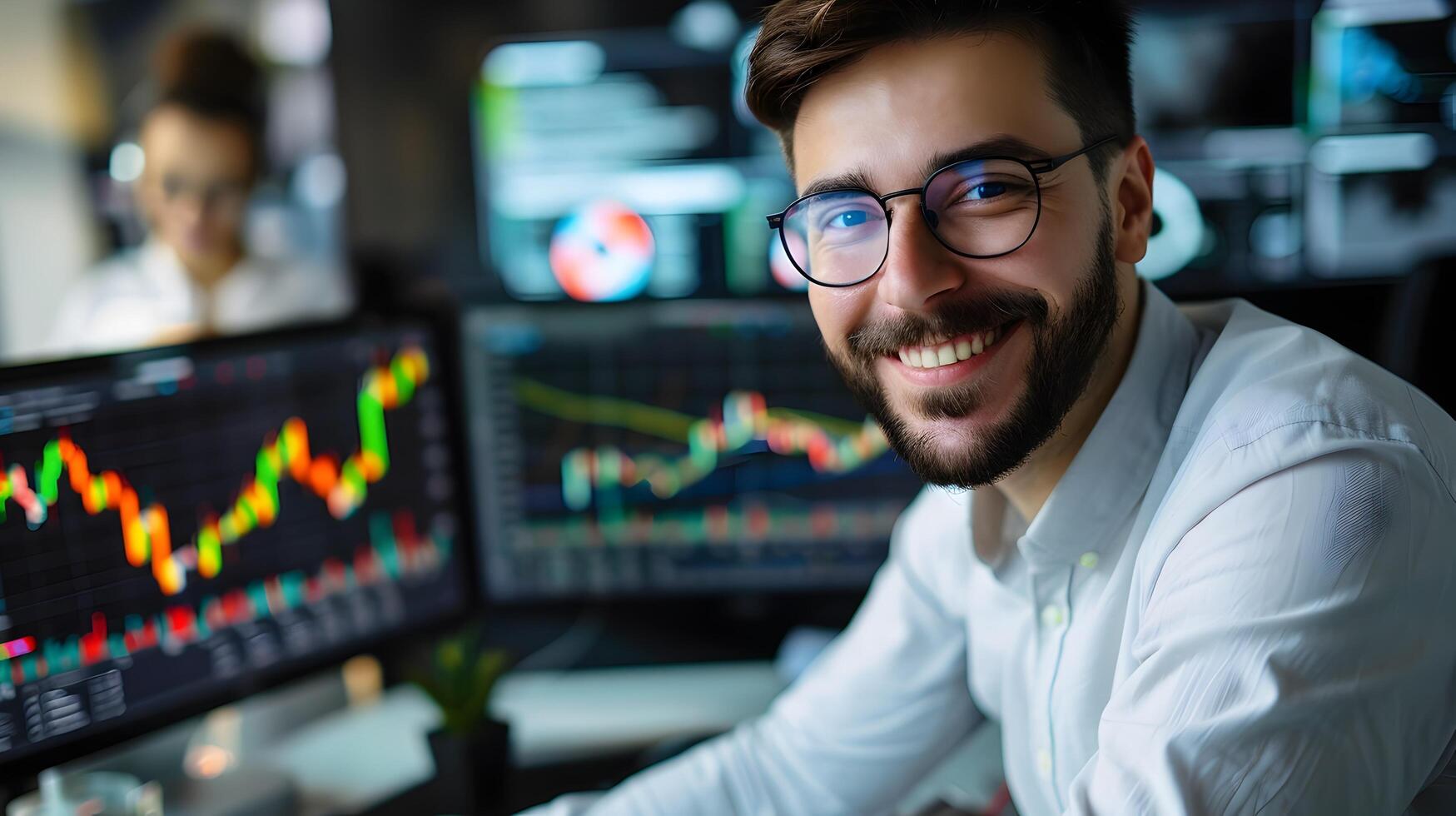 Joyful Young Business Analyst Reviewing Financial Data and Metrics on Multiple Computer Screens photo