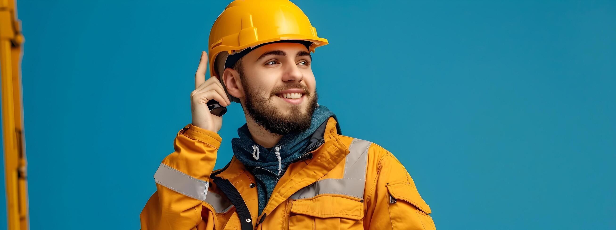 Happy Smiling Crane Operator in Protective Gear Working on Construction Site photo