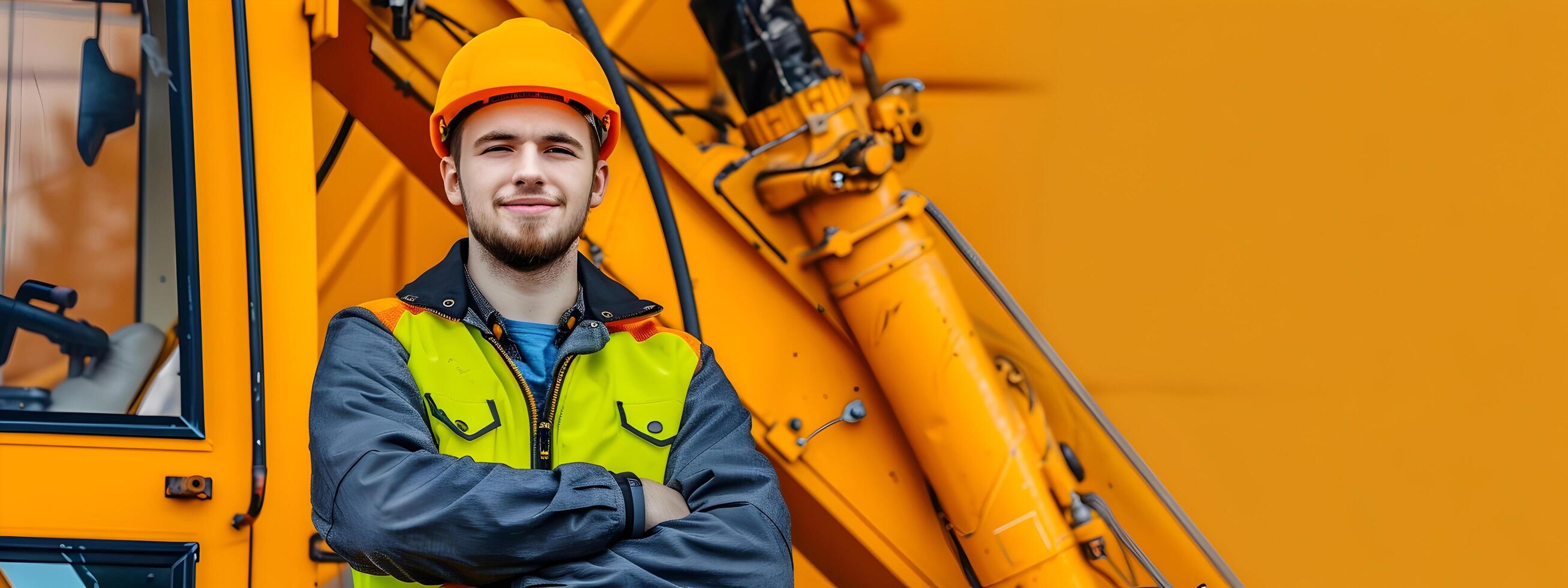 Confident Crane Operator Posing in Front of Heavy Construction Machinery photo