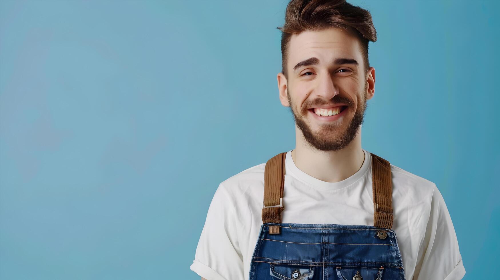 Confident Carpenter in Casual Attire Smiles Cheerfully Against Blue Background photo