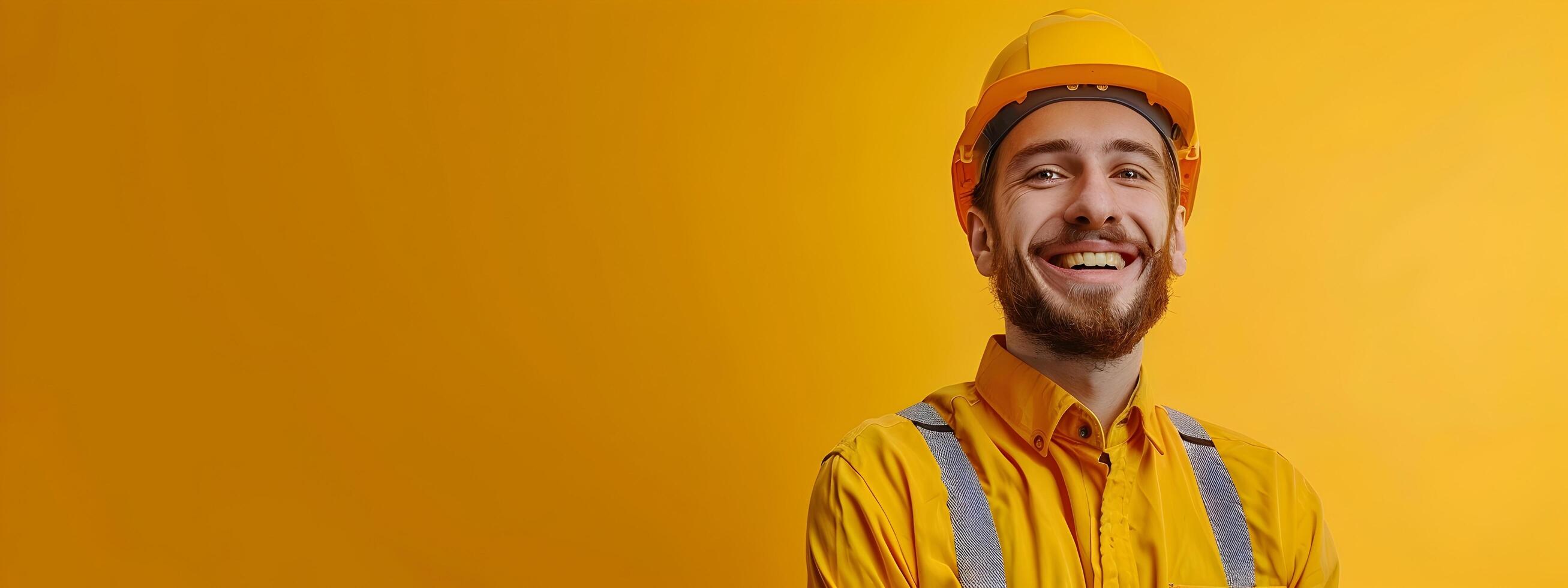 Cheerful Young Construction Worker in Hardhat Smiling on Orange Background photo