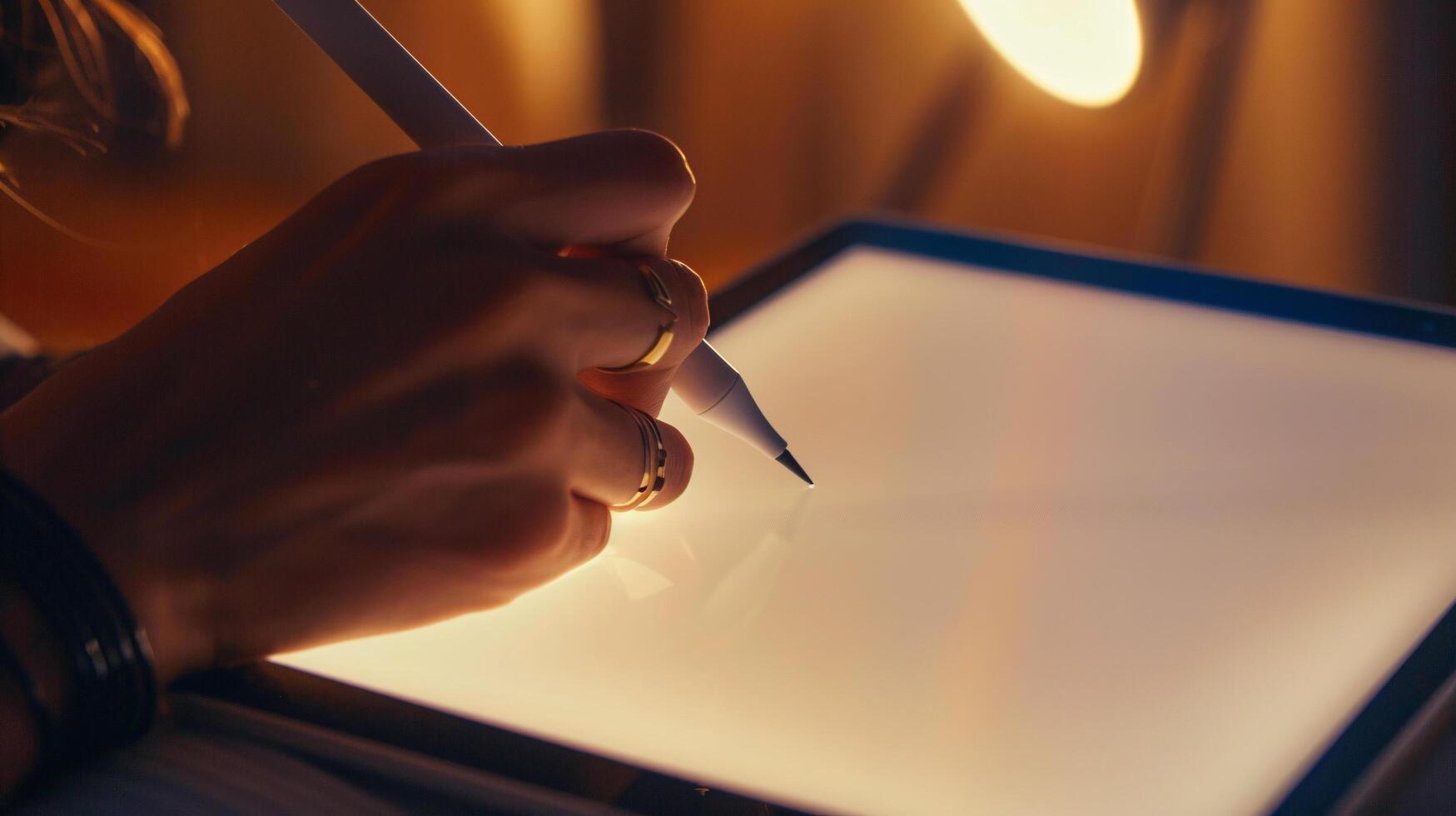 close-up photo of a persons hand, delicately gripping a modern stylus as it glides across a high-resolution graphic tablet