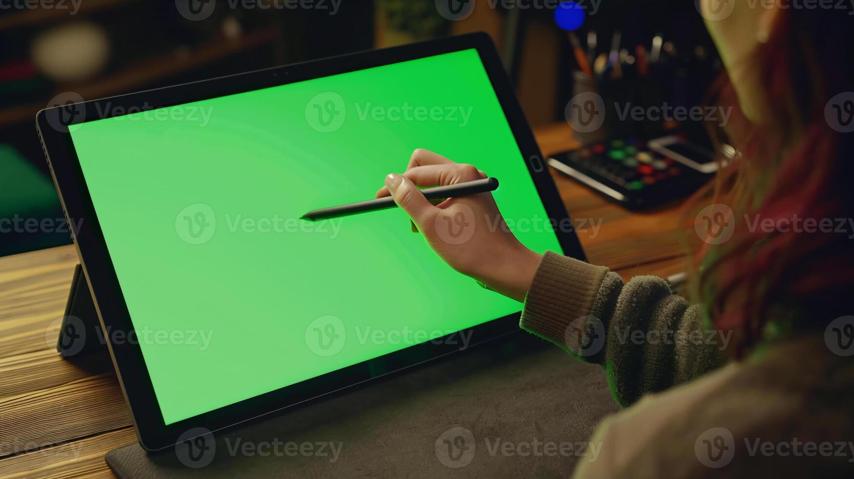 close-up photo of a persons hand, delicately gripping a modern stylus as it glides across a high-resolution graphic tablet