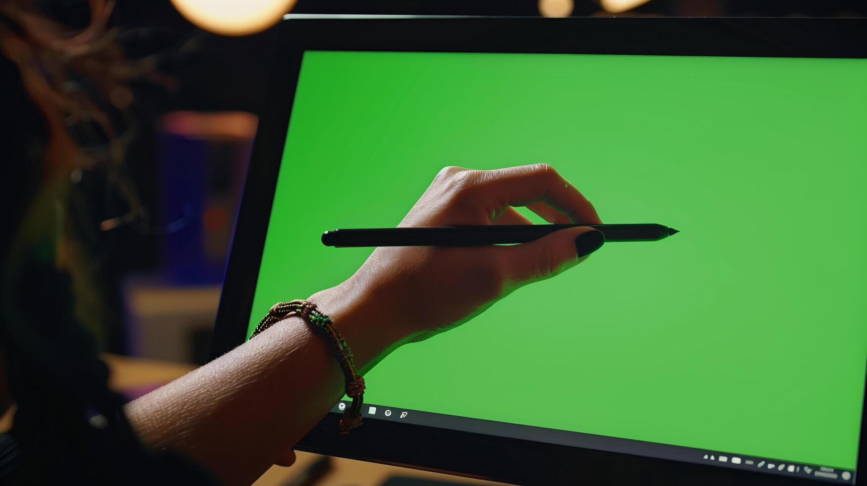 close-up photo of a persons hand, delicately gripping a modern stylus as it glides across a high-resolution graphic tablet