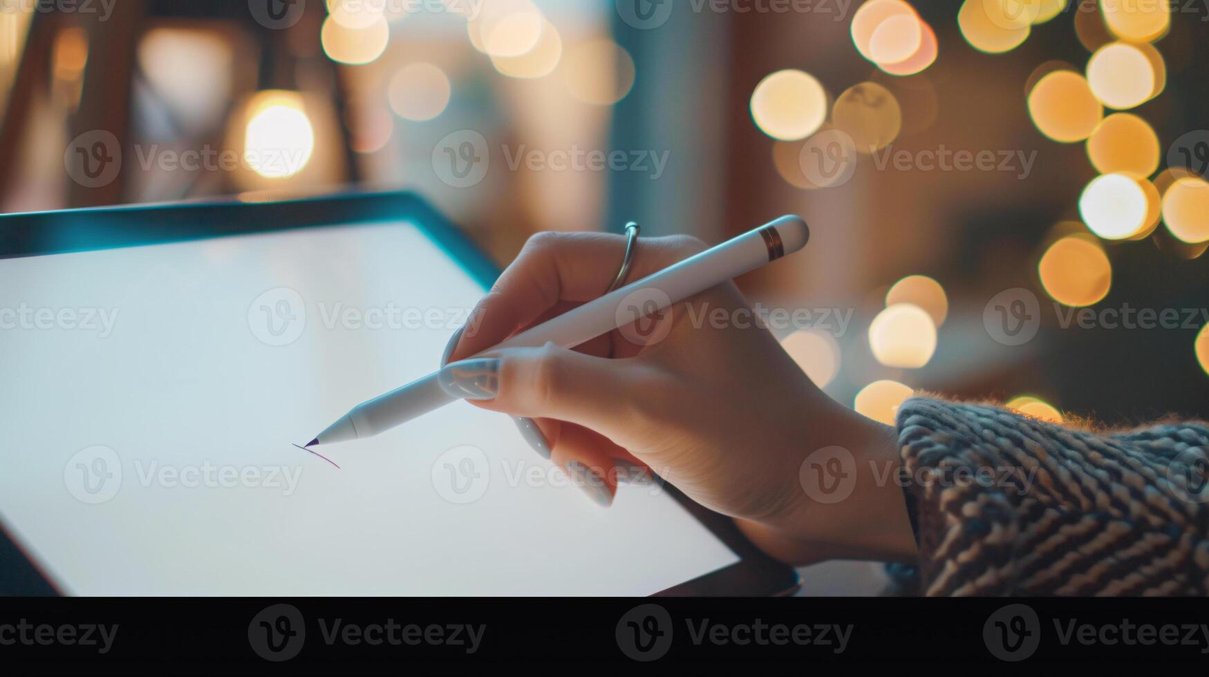 close-up photo of a persons hand, delicately gripping a modern stylus as it glides across a high-resolution graphic tablet