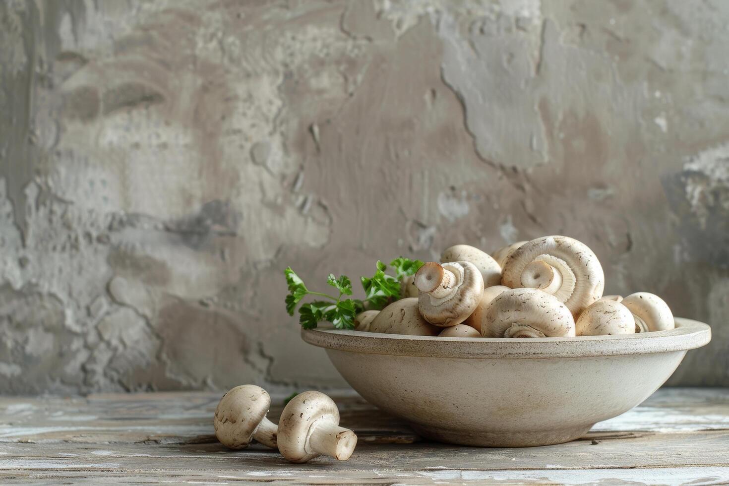 White Button Mushrooms in a Gray Bowl on a Wooden Table photo