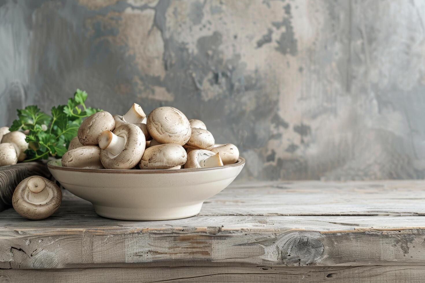 White Button Mushrooms in a Gray Bowl on a Wooden Table photo