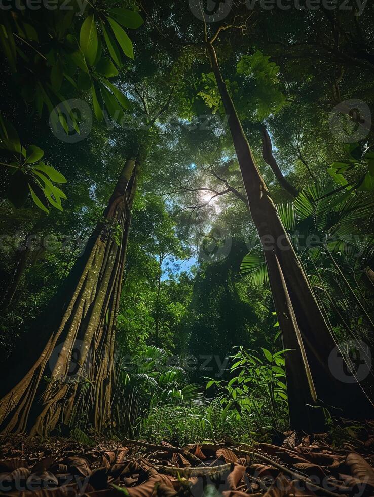 sunlight filtering through the leaves of tall giant trees in a dense forest photo