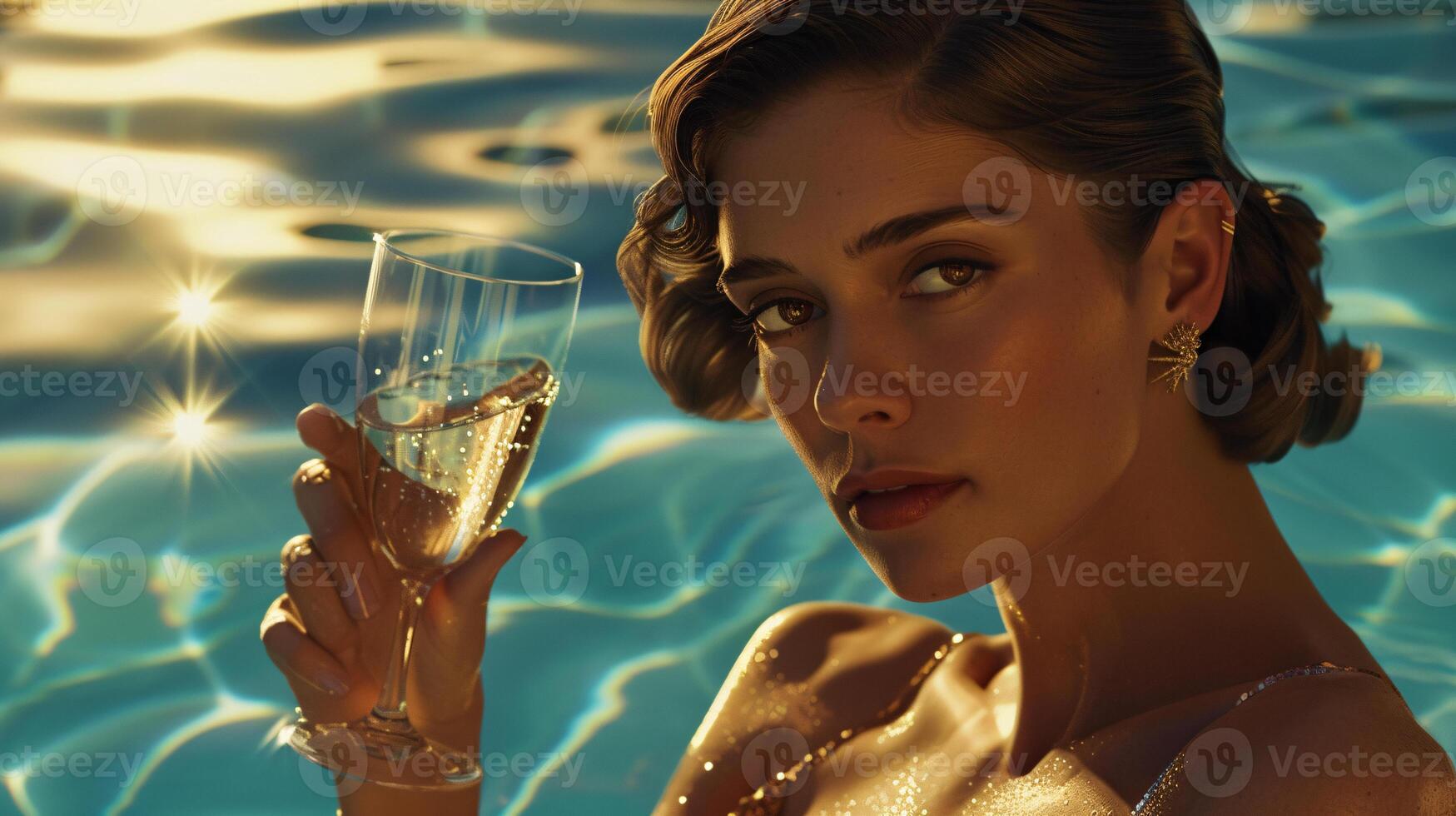 A close-up portrait of a woman against the cool stone edge of a pool, with a vibrant mocktail photo