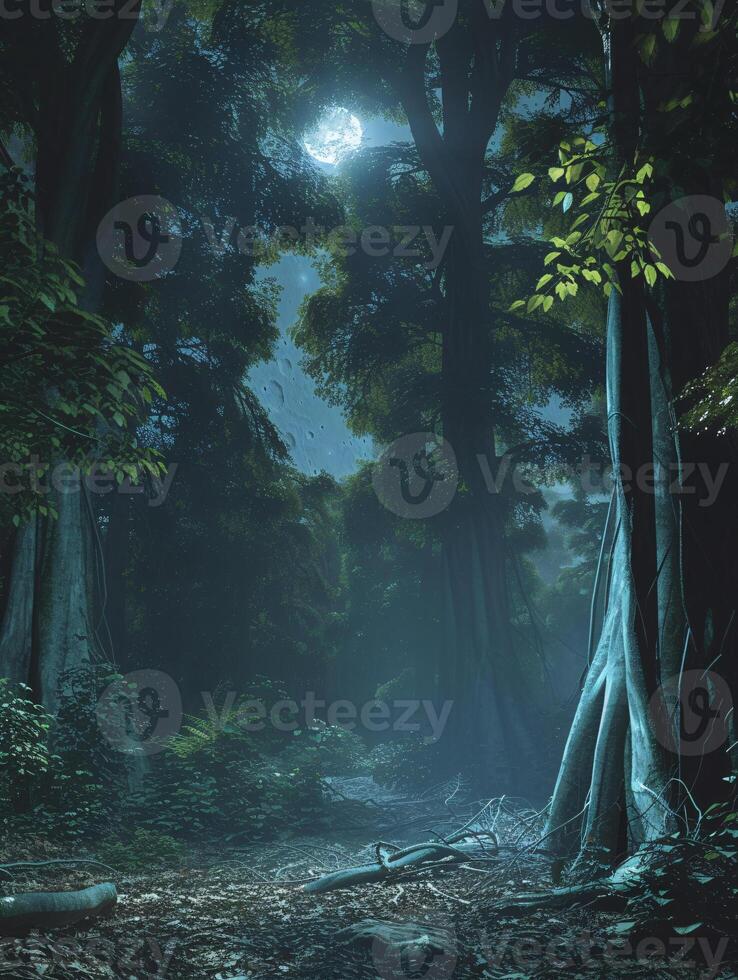 sunlight filtering through the leaves of tall giant trees in a dense forest photo