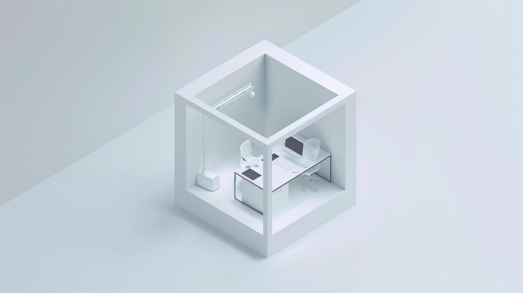 In the pristine white space, an isometric view unveils a cube-shaped box office, a microcosm of modern productivity photo