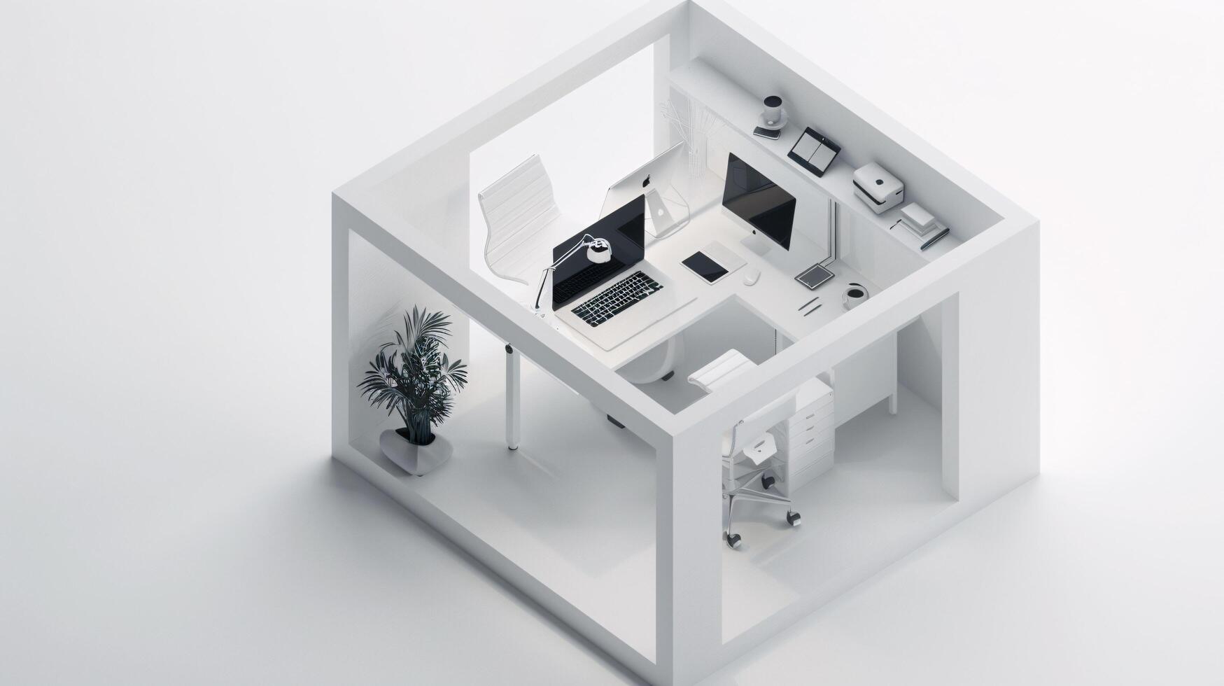 In the pristine white space, an isometric view unveils a cube-shaped box office, a microcosm of modern productivity photo