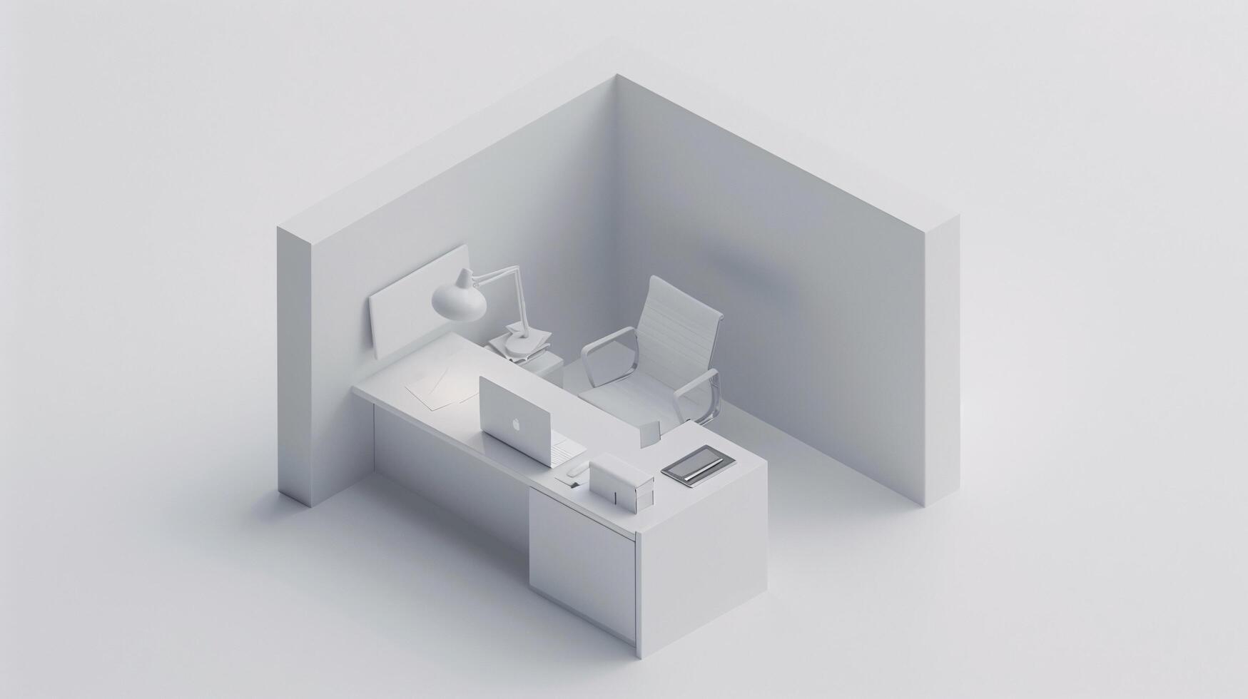 In the pristine white space, an isometric view unveils a cube-shaped box office, a microcosm of modern productivity photo