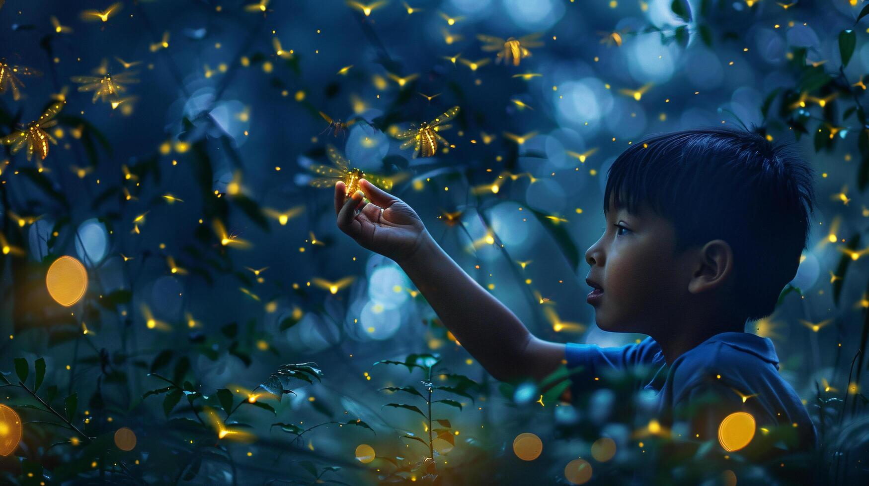 Countless fireflies twinkle like stars in a lush forest illuminating A child, eyes wide with wonder photo
