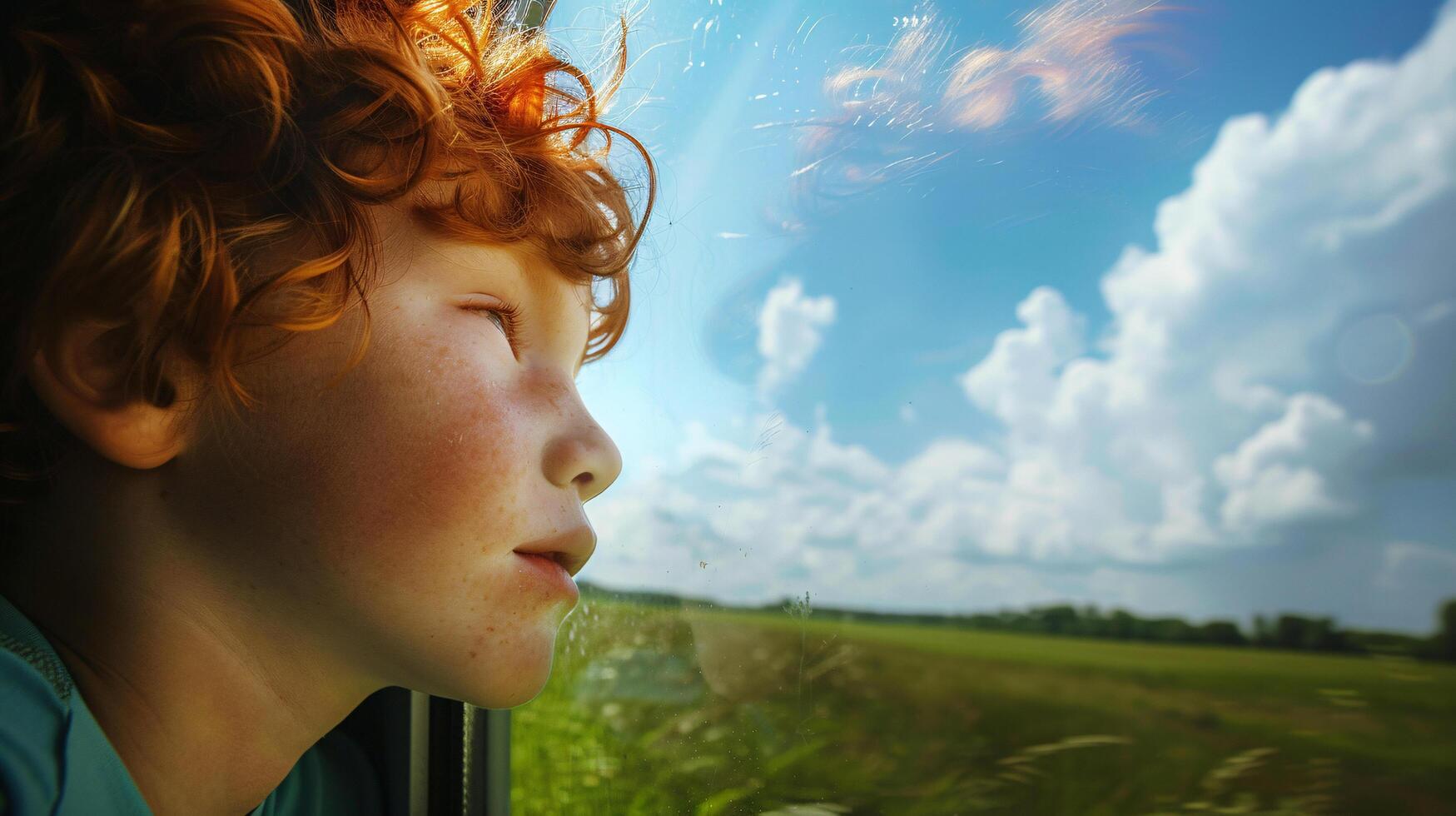 child gazing out the train window, their face pressed against the glass photo