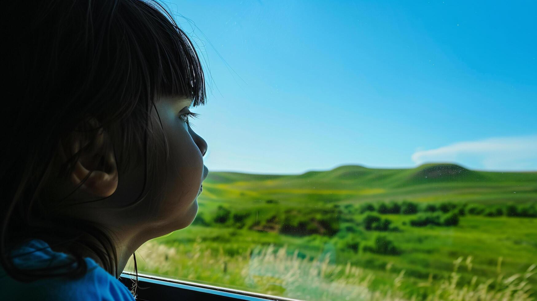 child gazing out the train window, their face pressed against the glass photo