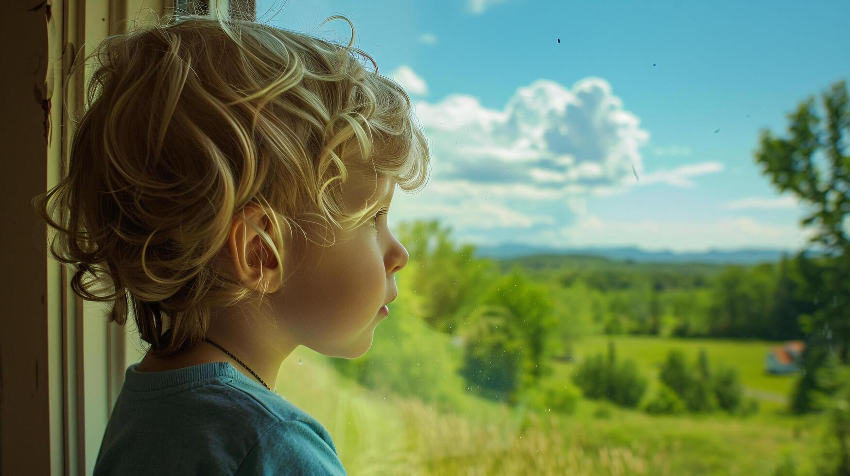 child gazing out the train window, their face pressed against the glass photo