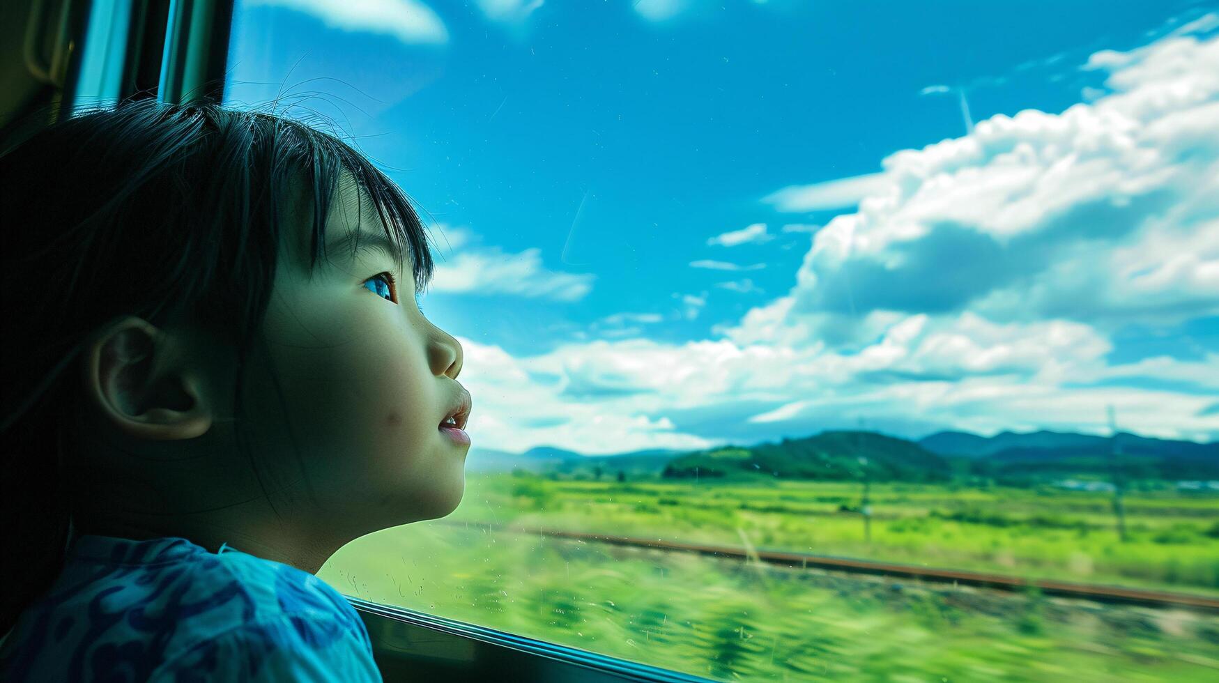 child gazing out the train window, their face pressed against the glass photo