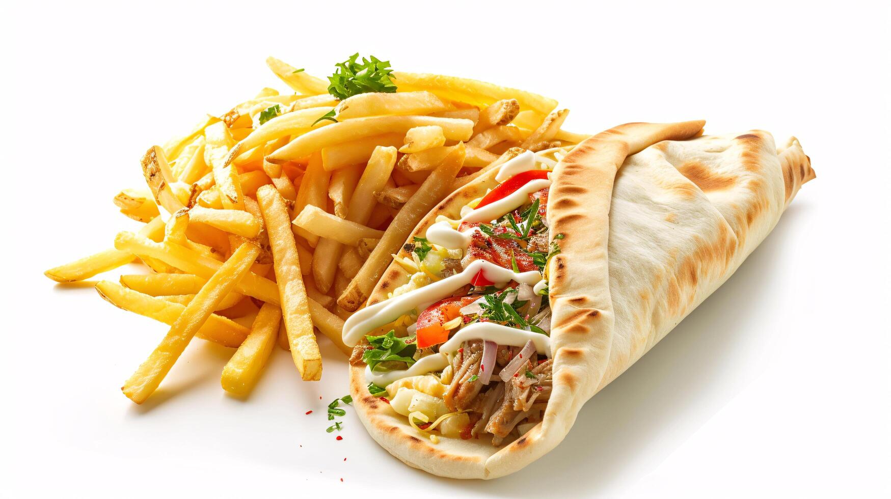 an artisan jucy fast food with sauce, surrounded by golden and french fries on a white background photo