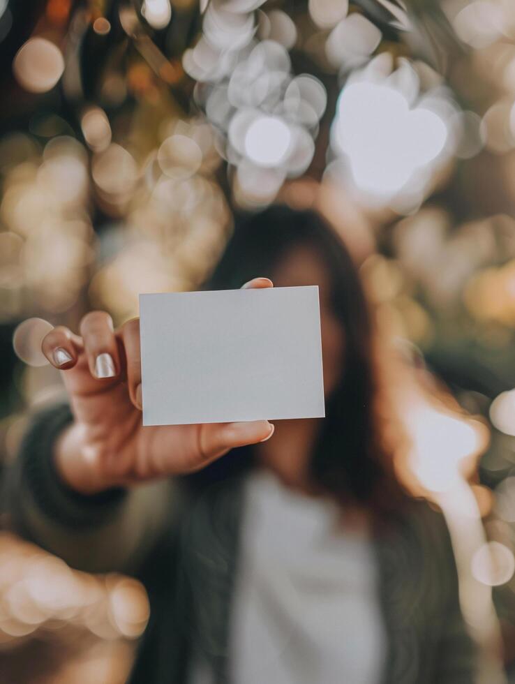 woman standing in front of the camera, holding in front of her a blank, clear white business card photo