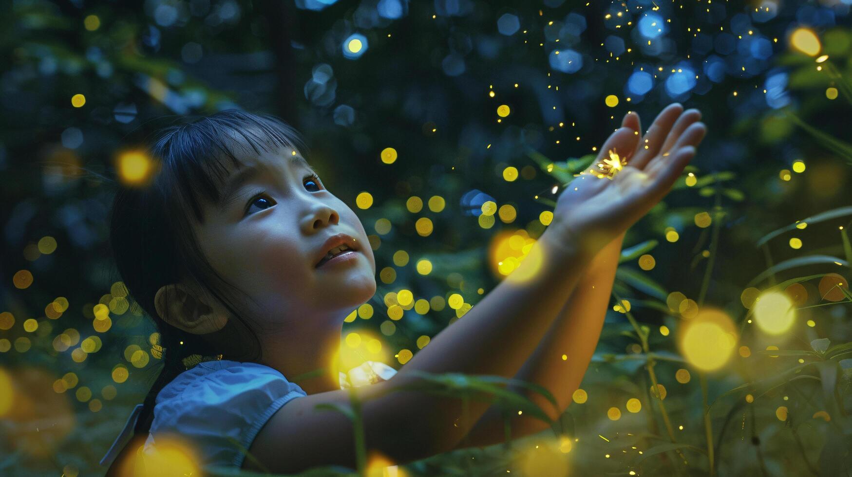 Countless fireflies twinkle like stars in a lush forest illuminating A child, eyes wide with wonder photo