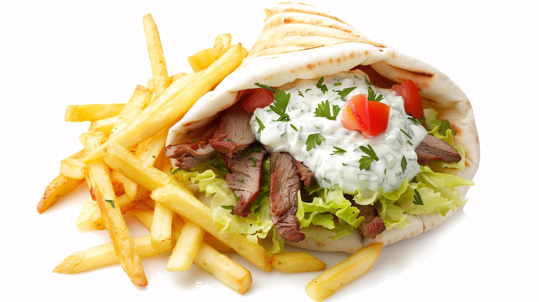 an artisan jucy fast food with sauce, surrounded by golden and french fries on a white background photo