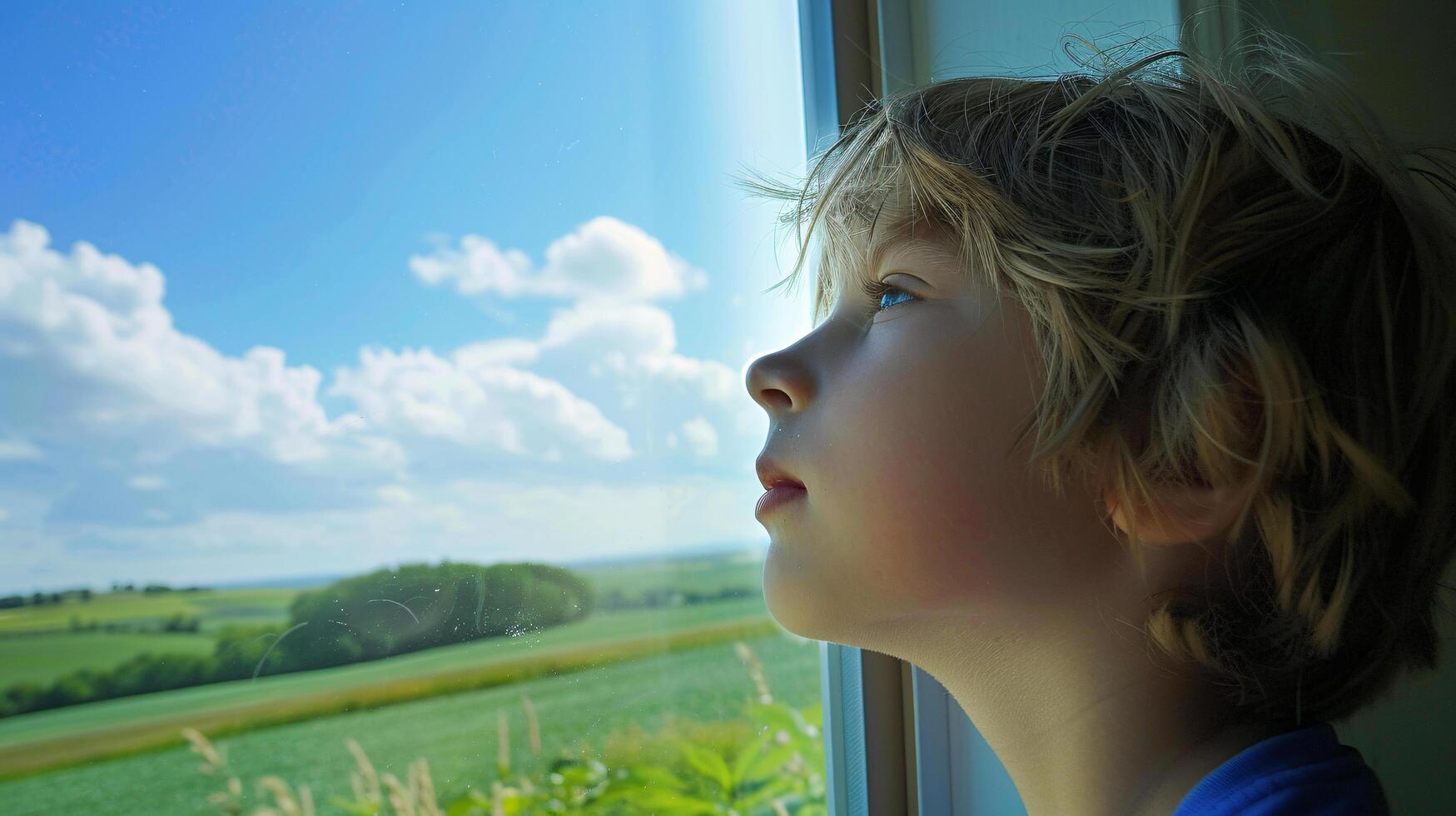 child gazing out the train window, their face pressed against the glass photo