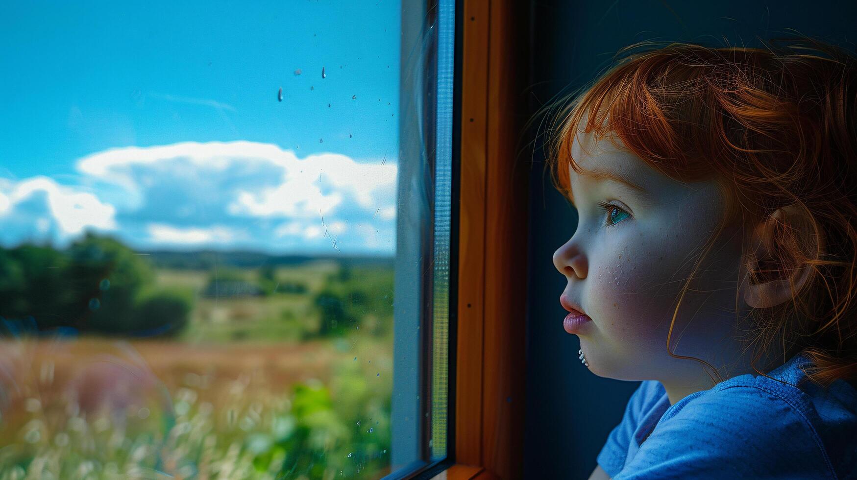 child gazing out the train window, their face pressed against the glass photo