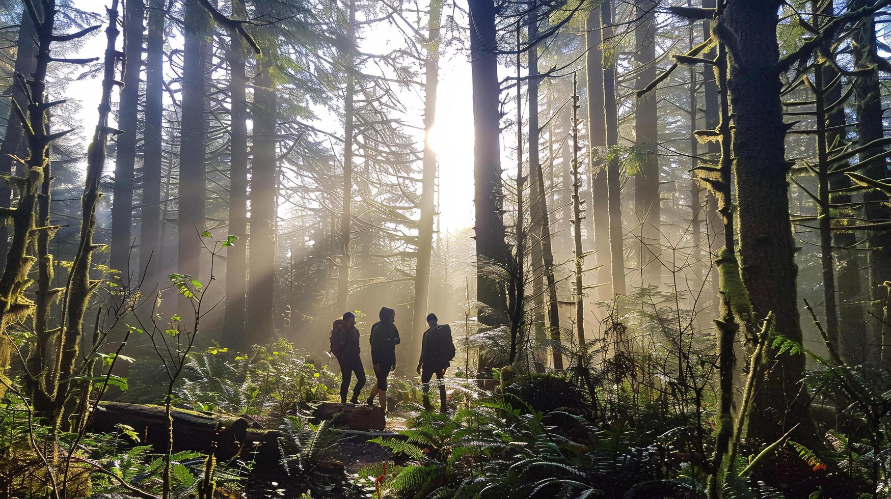 a sunrise hike through a misty mountain forest, capturing the serenity of summer mornings. photo