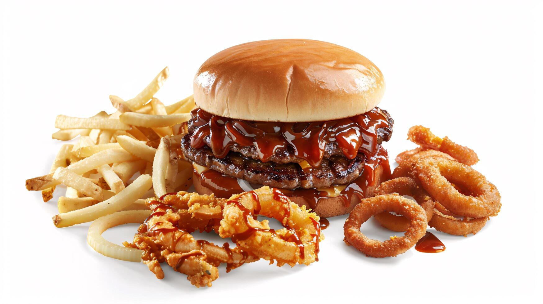 an artisan jucy fast food with sauce, surrounded by golden and french fries on a white background photo