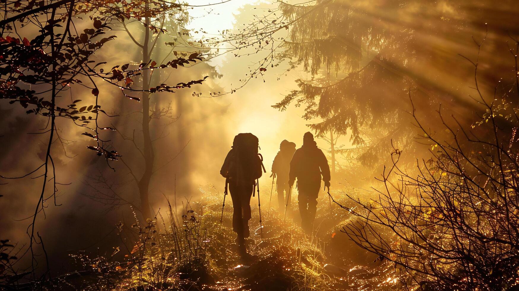 a sunrise hike through a misty mountain forest, capturing the serenity of summer mornings. photo