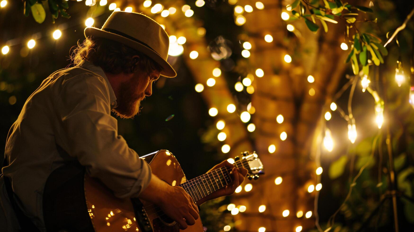 a lone hippy musician lost in the moment as they play their instrument under a canopy of twinkling fairy lights photo