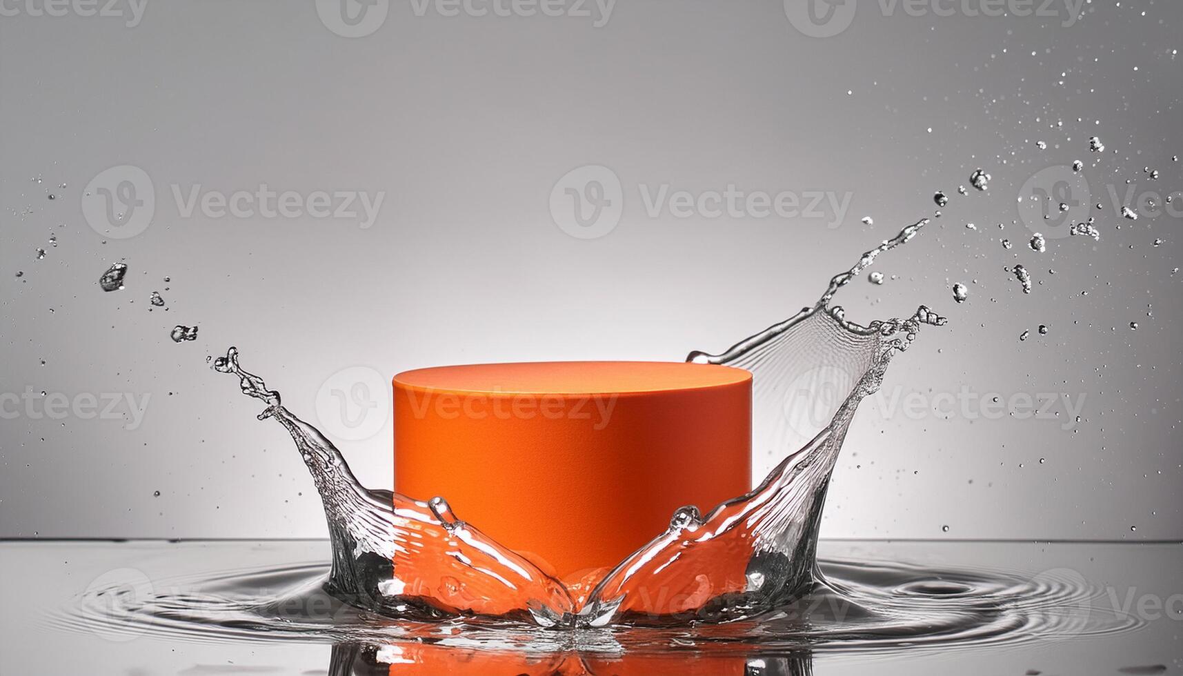 empty orange podium mockup with water splash on a gradient background for product display photo