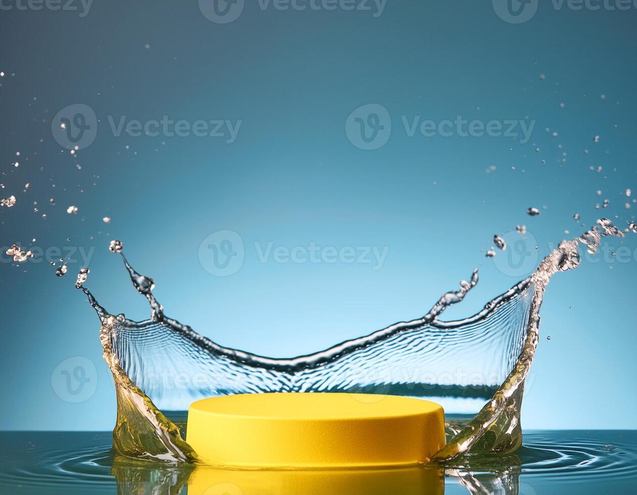 empty yellow podium mockup with water splash on a gradient background for product display photo