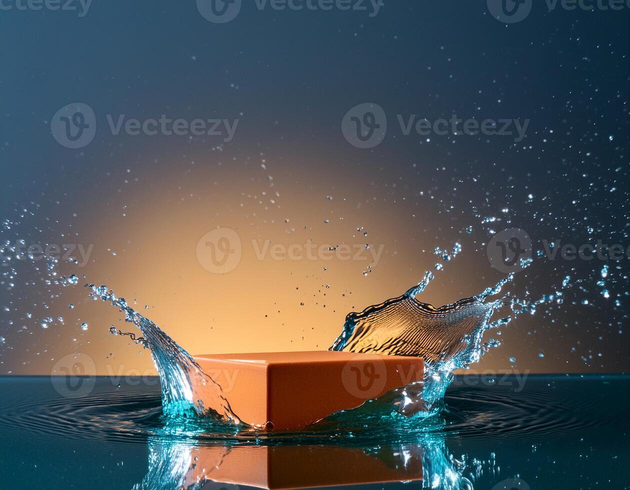 empty orange podium mockup with water splash on a gradient background for product display photo