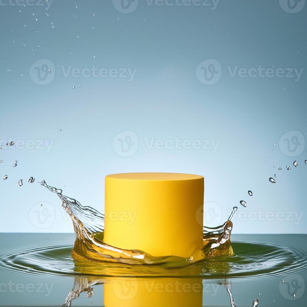 empty yellow podium mockup with water splash on a gradient background for product display photo