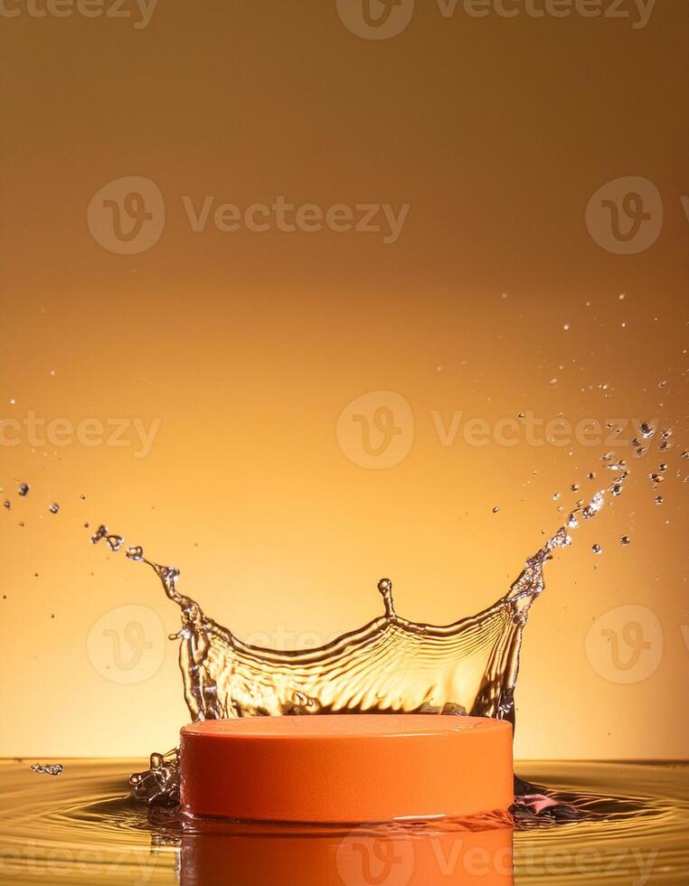 empty orange podium mockup with water splash on a gradient background for product display photo