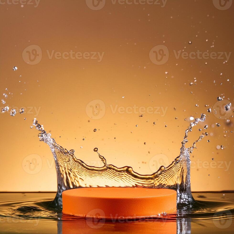 empty orange podium mockup with water splash on a gradient background for product display photo