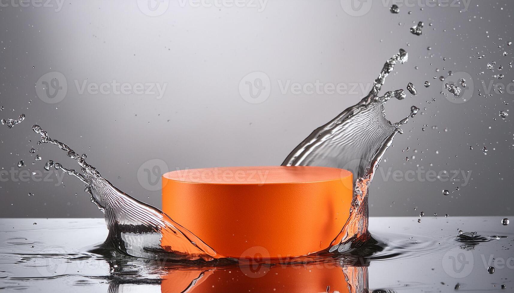 empty orange podium mockup with water splash on a gradient background for product display photo