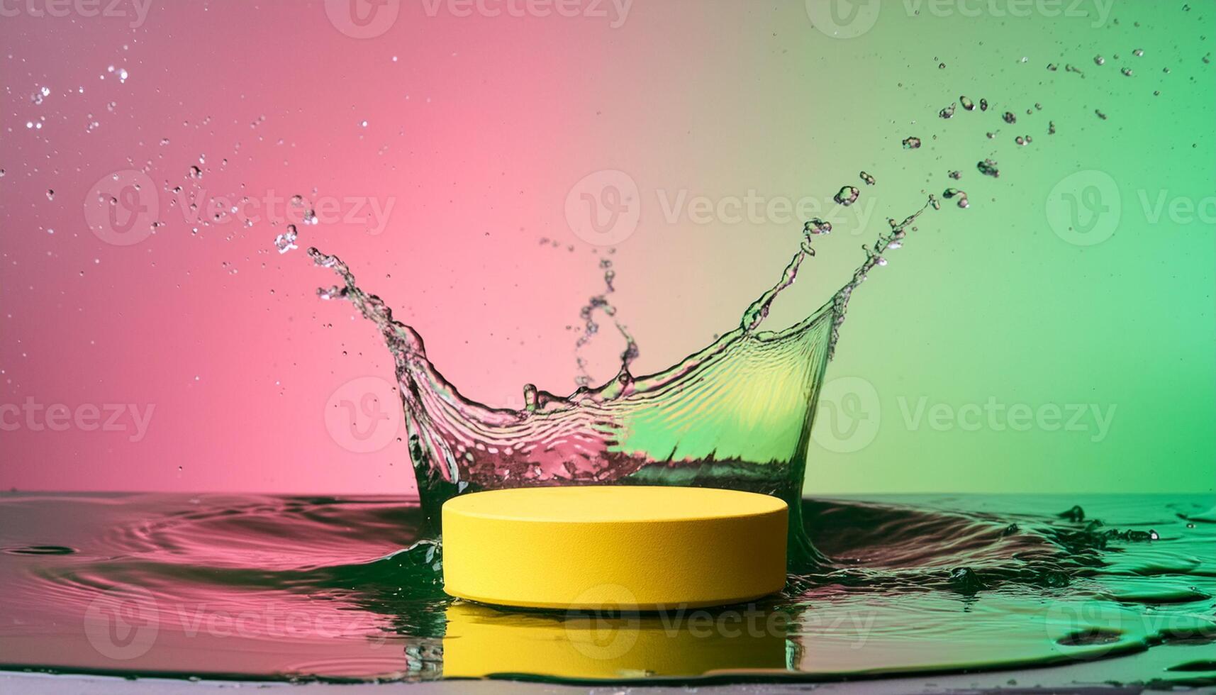 empty yellow podium mockup with water splash on a gradient background for product display photo
