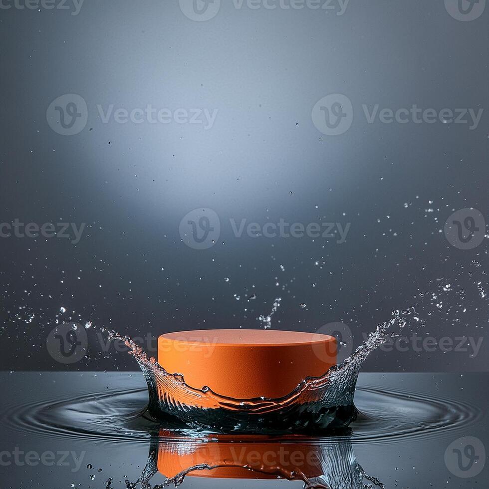 empty orange podium mockup with water splash on a gradient background for product display photo