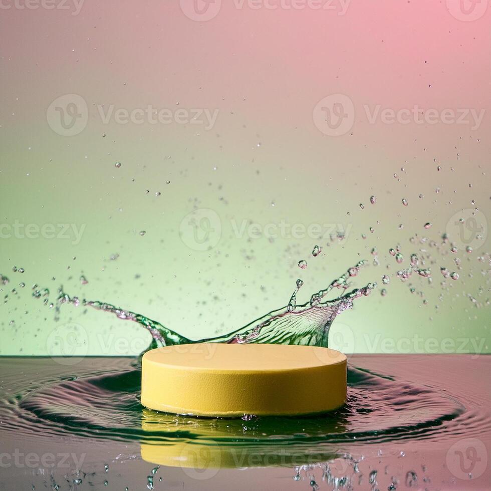 empty yellow podium mockup with water splash on a gradient background for product display photo