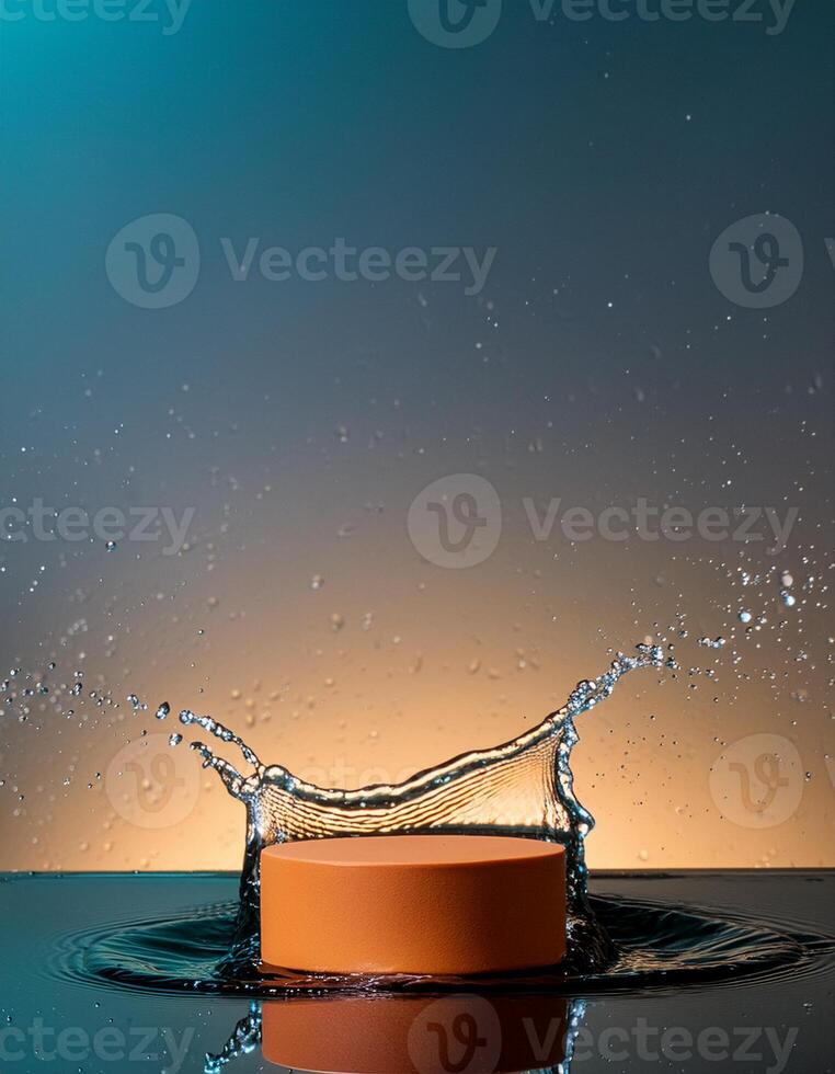 empty orange podium mockup with water splash on a gradient background for product display photo