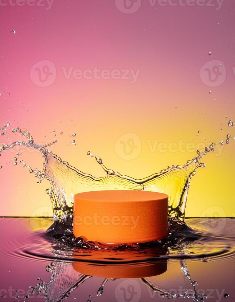 empty orange podium mockup with water splash on a gradient background for product display photo