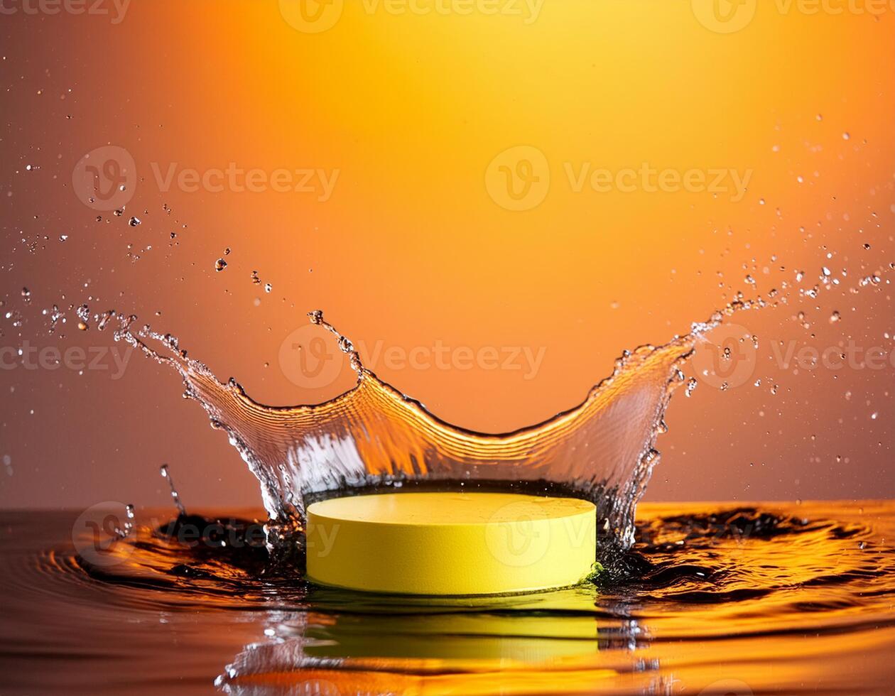 empty yellow podium mockup with water splash on a gradient background for product display photo