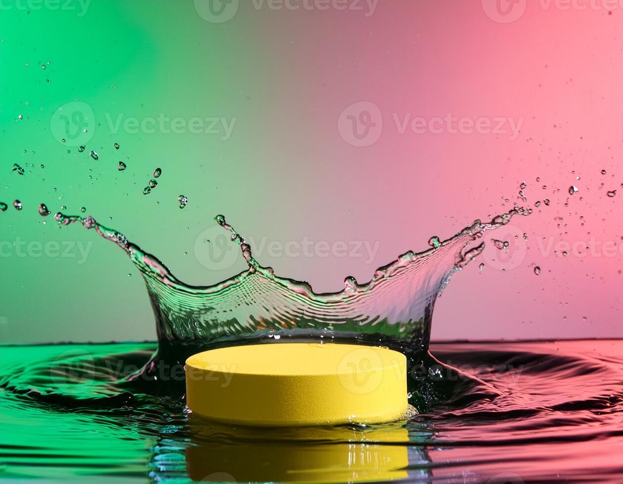 empty yellow podium mockup with water splash on a gradient background for product display photo