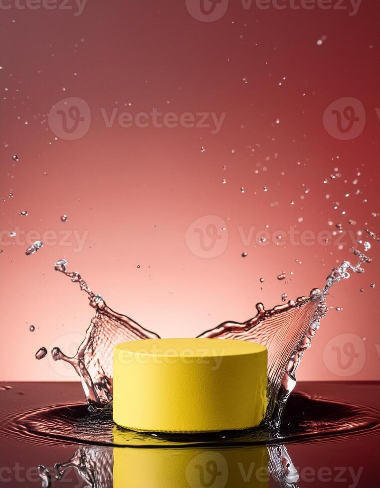 empty yellow podium mockup with water splash on a gradient background for product display photo