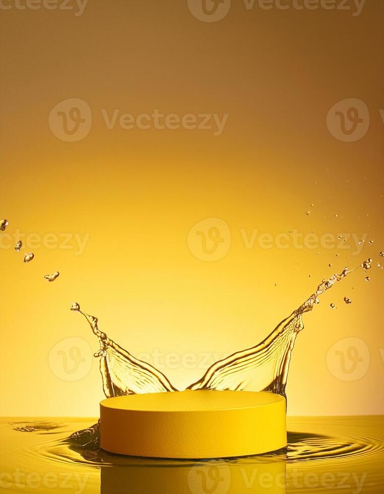 empty yellow podium mockup with water splash on a gradient background for product display photo