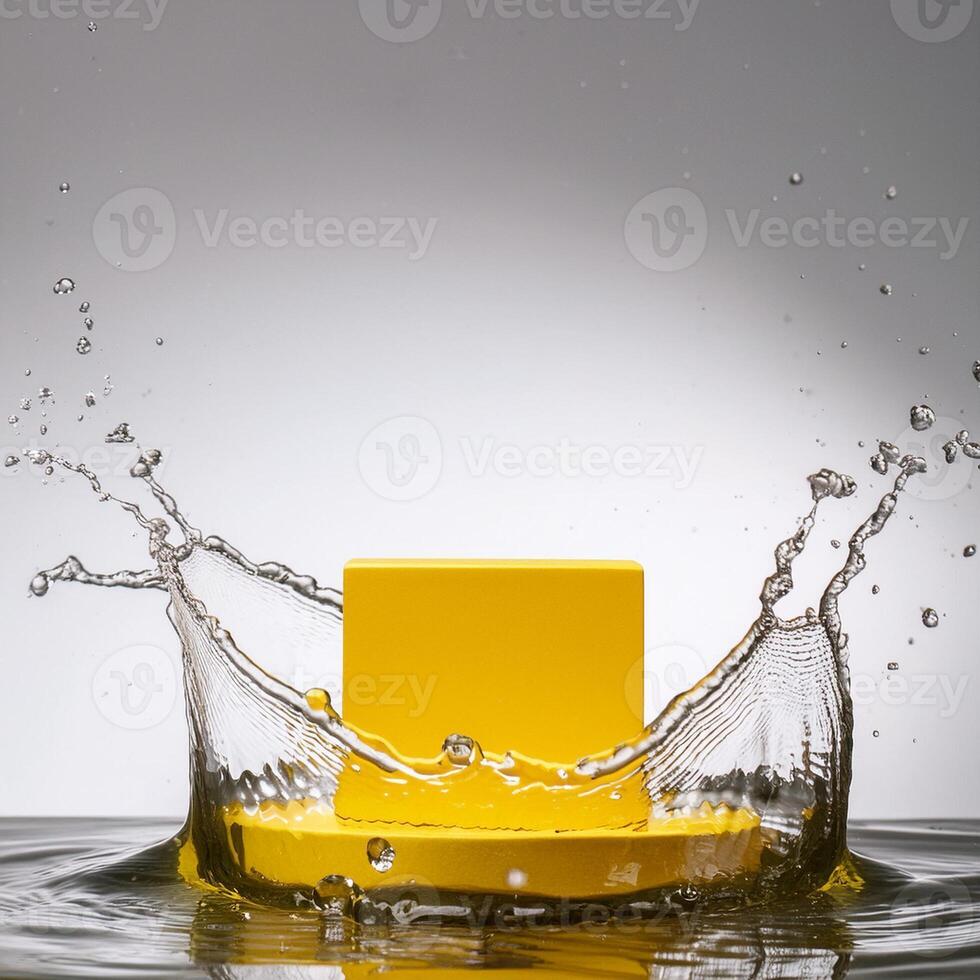 empty yellow podium mockup with water splash on a gradient background for product display photo