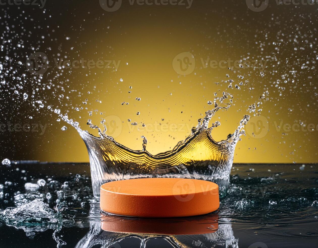 empty orange podium mockup with water splash on a gradient background for product display photo